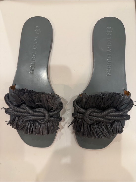 Tory Burch Shoes - Tory Burch Gray Raffia Knot Slide Sandals